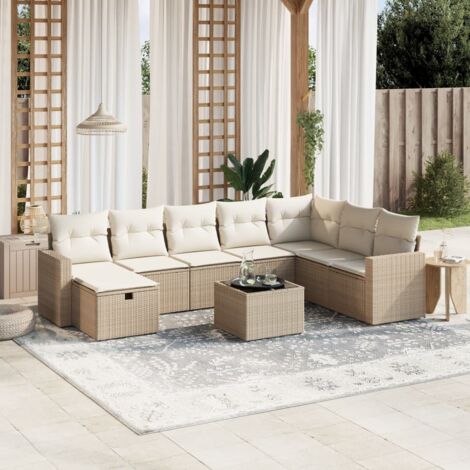 Ensemble Salon Jardin 9 Places Résine Tressée Beige avec Coussins Lavables - Table Verre Trempé - Modulaire (1/4)