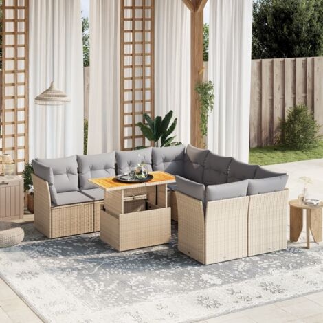 Ensemble Salon Jardin 9 Places Résine Tressée Beige avec Coussins Gris - Table Réglable Modulaire (1/3)