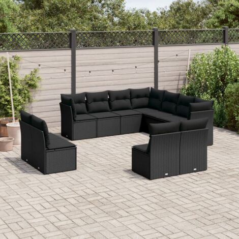 Ensemble Salon Jardin 11 Pièces Noir Résine Tressée avec Coussins et Rangement Modulaire (1/3)