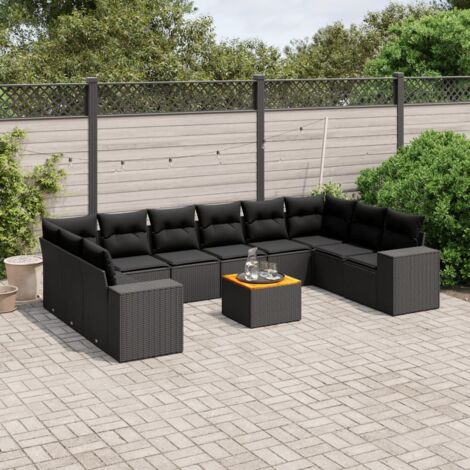Ensemble de jardin 11 pièces noir résine tressée avec coussins, table acacia et rangements intégrés (1/3)