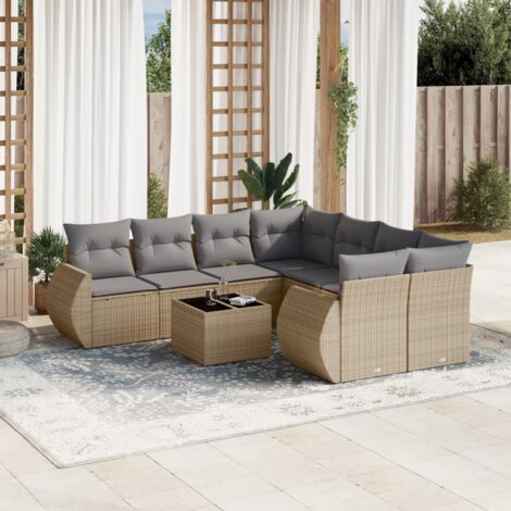 Salon de Jardin 9 Places en Résine Tressée Beige avec Coussins Gris - Ensemble Modulaire Table Verre Trempé (1/5)