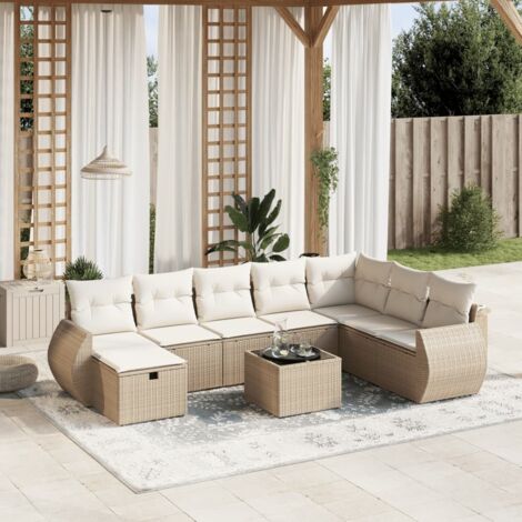 Ensemble Salon Jardin 9 Places Résine Tressée Beige avec Table Verre Trempé et Coussins Détachables (1/4)