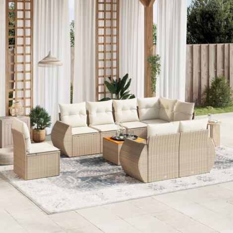 Ensemble Salon Jardin 9 Places Résine Tressée Beige avec Coussins - Canapé d'Angle, Central et Accoudoirs, Table Acacia (1/5)