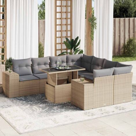 Ensemble Salon Jardin 9 Places Résine Tressée Beige avec Coussins Gris, Table Verre Trempé Modulable, Rangement Intégré (1/5)