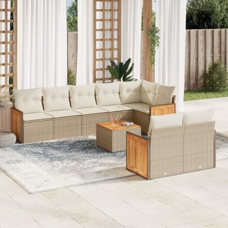 Salon de Jardin 9 Places en Résine Tressée Beige avec Coussins - Table Acacia et Structure Acier (1/5)