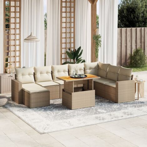 Ensemble Salon Jardin 9 Places Résine Tressée Beige avec Coussins - Table Réglable, Modulaire et Lavable (1/4)