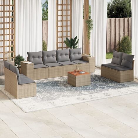 Ensemble Salon Jardin 9 Places Résine Tressée Beige avec Coussins Gris - Table Acacia 55x55cm - Modulaire (1/3)