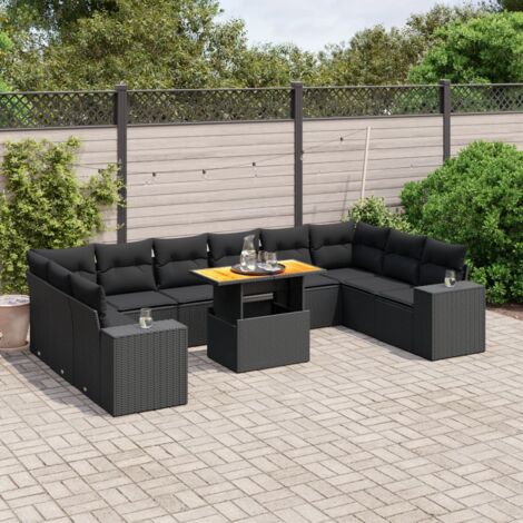 Salon de jardin 11 pièces noir résine tressée avec coussins - Ensemble modulaire table extensible et meubles d'extérieur (1/3)