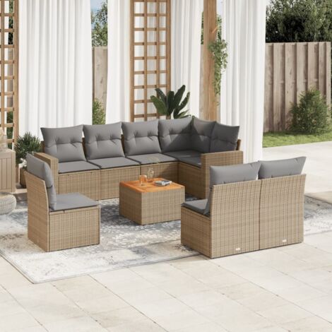 Salon de Jardin 9 Places en Résine Tressée Beige avec Coussins Gris - Ensemble Modulaire Canapé d'Angle + Table Acacia (1/3)