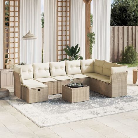 Salon de Jardin 9 Places en Résine Tressée Beige avec Coussins et Table Verre Trempé - Ensemble Modulaire Jardin (1/4)