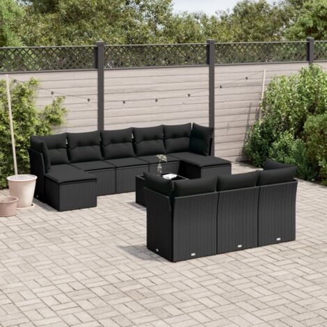 Ensemble Salon Jardin 11 Pièces Noir Résine Tressée avec Coussins et Table Verre Trempé - Stockage Intégré (1/3)