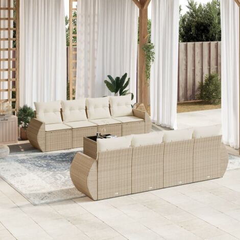 Ensemble salon jardin 9 places résine tressée beige avec coussins - Table verre trempé - Modulaire (1/5)