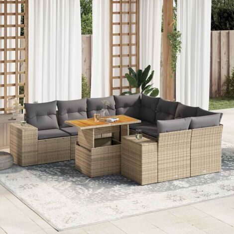 Ensemble Salon Jardin 9 Places Résine Tressée Beige avec Coussins Gris, Table Réglable et Rangement Modulaire (1/5)