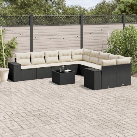 Salon de Jardin 11 Pièces Noir Résine Tressée avec Table Verre Trempé et Coussins Crème - Ensemble Modulaire avec Rangement Intégré (1/3)