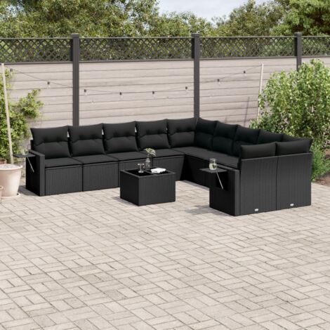 Ensemble Salon Jardin 11 Pièces Noir Résine Tressée avec Coussins et Table Modulaire (1/3)
