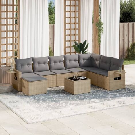 Ensemble salon jardin 9 places résine tressée beige avec coussins gris - Table verre trempé et repose-pieds inclus (1/5)