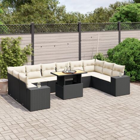 Ensemble Salon Jardin 11 Pièces Noir Résine Tressée avec Coussins Crème - Table Réglable Hauteur, Meuble Extérieur Modulaire (1/3)
