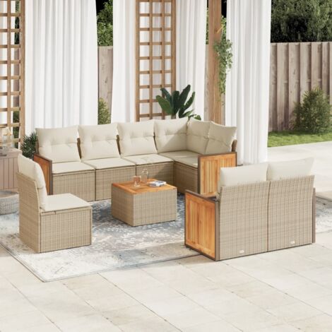 Ensemble de jardin 9 places en résine tressée beige avec table acacia et rangement intégré (1/3)