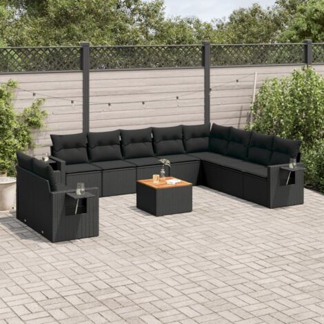 Ensemble Salon Jardin 11 Pièces Résine Tressée Noir avec Coussins et Espace Rangement (1/3)