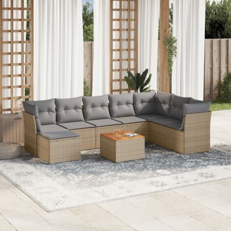 Salon de Jardin 9 Places en Résine Tressée Beige - Ensemble Canapé d'Angle avec Table Acacia et Coussins Gris (1/3)