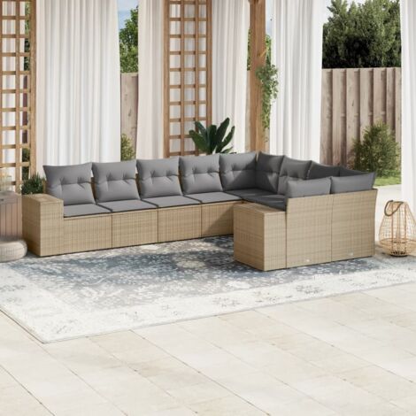 Ensemble Salon Jardin 9 Places Résine Tressée Beige - Canapés Modulaires avec Coussins Gris, Rangement Intégré et Housses Lavables (1/3)