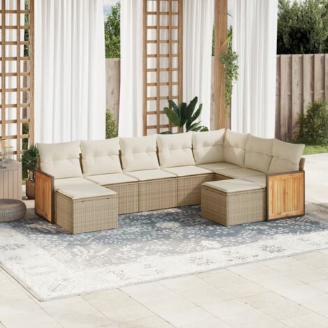 Ensemble Salon Jardin 9 Places Résine Tressée Beige avec Coussins Amovibles - Meuble Extérieur Modulaire pour Terrasse (1/5)