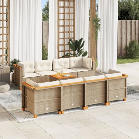 Ensemble Salon Jardin 9 Pièces Résine Tressée Beige avec Coussins Crème - Meuble Extérieur Modulaire en Polyrotin et Bois d'Acacia (1/5)