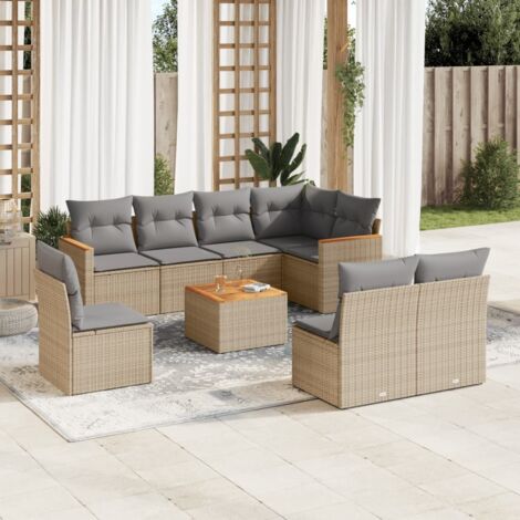 Ensemble Salon Jardin 9 Places Résine Tressée Beige avec Coussins Gris - Table Acacia, Stockage Intégré, Modulaire (1/3)