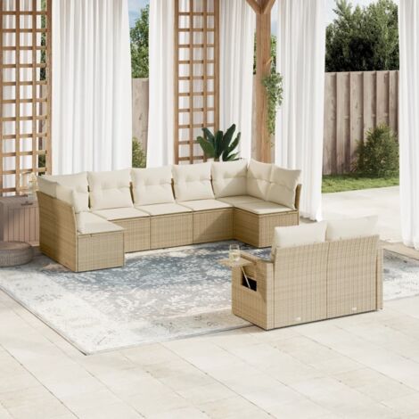 Salon de jardin 9 places en résine tressée beige avec coussins et rangement intégré (1/3)