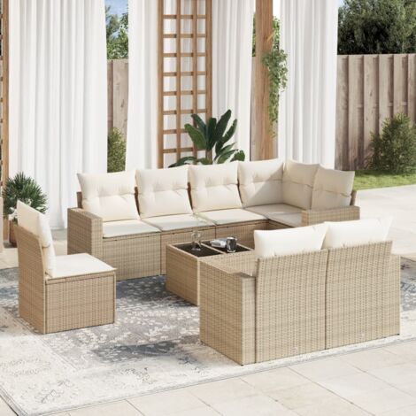 Ensemble Salon Jardin 9 Places Résine Tressée Beige avec Coussins - Table Verre Trempé, Modulaire, Rangement (1/3)