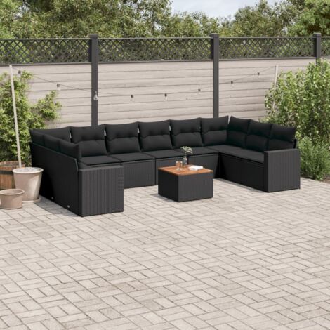 Ensemble Salon Jardin 11 Pièces Noir Résine Tressée avec Coussins - Table Acacia, Modulaire, Résistant aux UV (1/3)