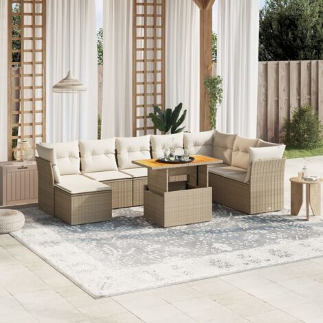 Ensemble Salon Jardin 9 Places Résine Tressée Beige avec Coussins Détachables - Table Réglable et Modulaire (1/3)