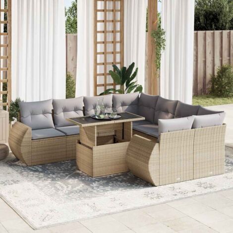 Ensemble Salon Jardin 9 Places Résine Tressée Beige avec Coussins Gris, Table Réglable et Rangement Intégré (1/5)