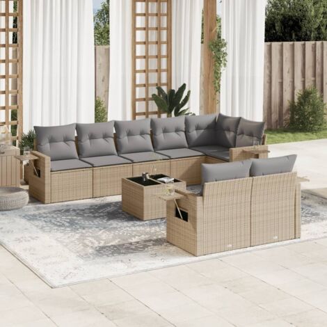 Salon de Jardin 9 Places en Résine Tressée Beige avec Table Verre Trempé et Coussins Gris - Ensemble Modulaire Jardin (1/5)