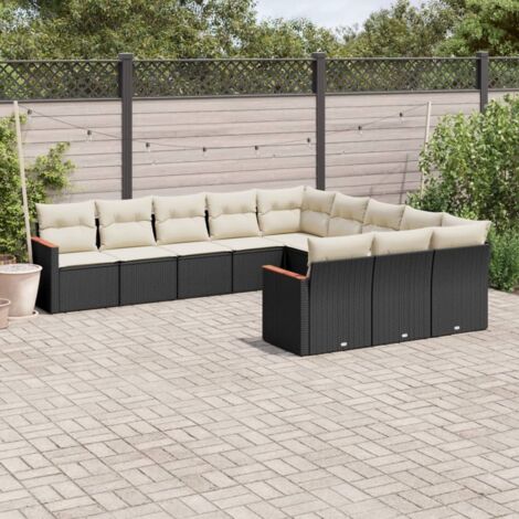 Ensemble Salon Jardin 11 Pièces Noir Résine Tressée avec Coussins Crème - Meuble Extérieur Modulaire (1/5)