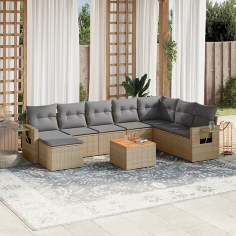 Salon de Jardin 9 Places en Résine Tressée Beige - Ensemble Modulaire avec Table Acacia et Coussins Gris Lavables (1/5)