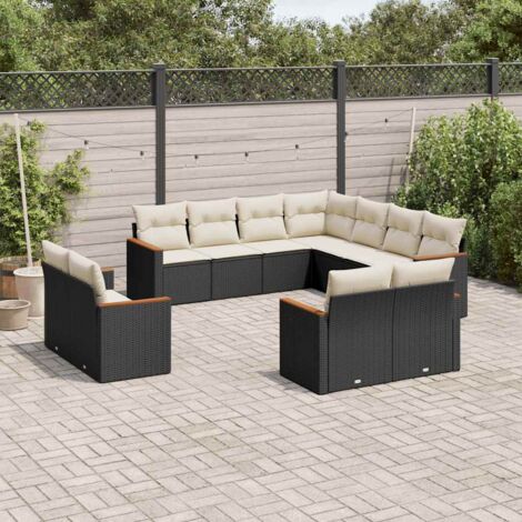 Ensemble Salon Jardin 11 Places Noir Résine Tressée avec Coussins Crème - Meuble Extérieur Modulaire avec Rangement et Accoudoirs Acacia (1/3)
