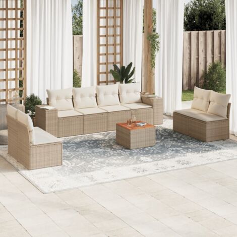 Ensemble Salon Jardin 9 Places Résine Tressée Beige avec Coussins - Table Acacia, Stockage Intégré, Modulaire (1/3)