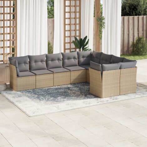 Ensemble Salon Jardin 9 Places Résine Tressée Beige - Canapé d'Angle Modulaire avec Coussins Gris Lavables (1/3)