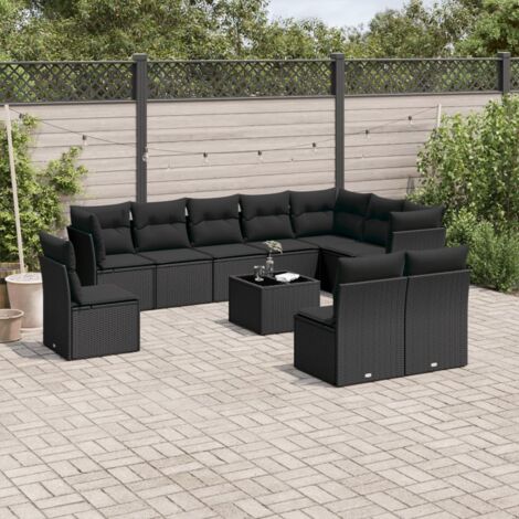 Salon de Jardin 11 Pièces Noir Résine Tressée avec Table Verre Trempé et Coussins Lavables - Ensemble Modulaire avec Rangement Intégré (1/3)