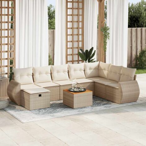 Ensemble salon jardin 9 places résine tressée beige avec table et rangement - 8 coussins lavables (1/5)