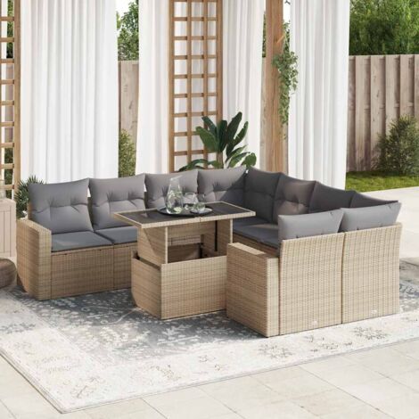 Ensemble Salon Jardin 9 Places Résine Tressée Beige avec Coussins Gris, Table Verre Trempé Modulable, Fonction Rangement (1/5)