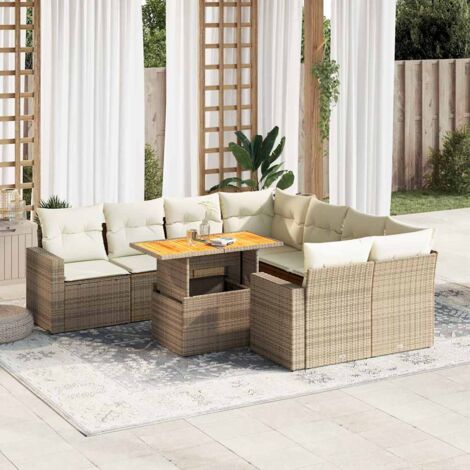 Ensemble Salon Jardin 9 Places Résine Tressée Beige avec Coussins - Table Réglable et Rangement Intégré (1/5)