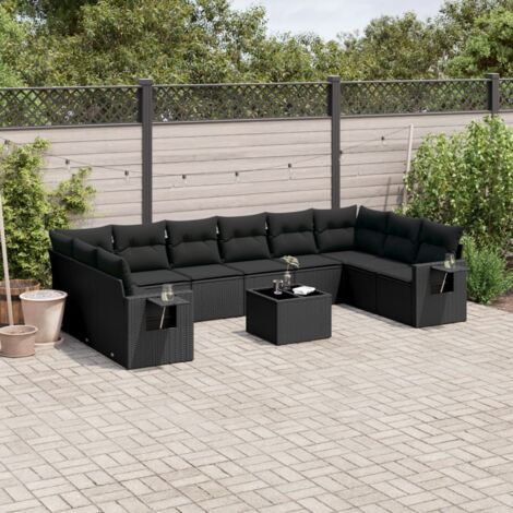 Ensemble Salon Jardin 11 Pièces Noir Résine Tressée avec Table Verre Trempé et Coussins Confortables (1/5)