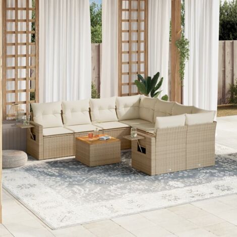 Salon de Jardin 9 Places en Résine Tressée Beige avec Coussins - Ensemble Modulaire avec Table Acacia et Housses Lavables (1/5)