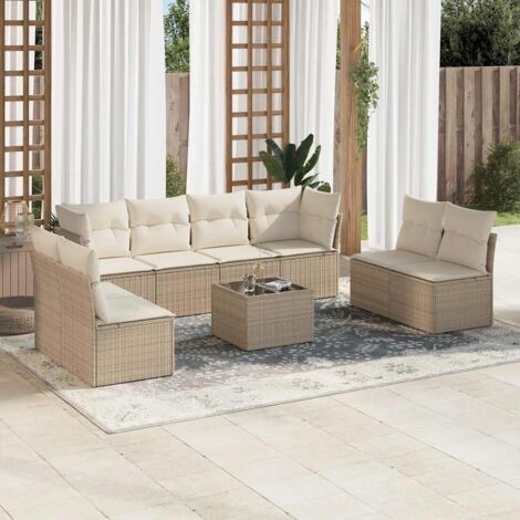 Ensemble Salon Jardin 9 Places Résine Tressée Beige avec Coussins - Table Verre Trempé, Modulaire, Housses Lavables (1/4)