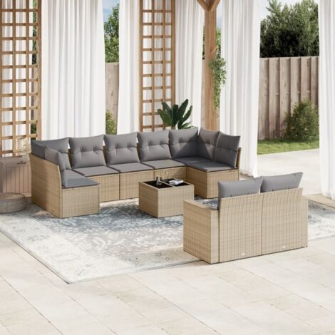 Ensemble Salon Jardin 10 Places Résine Tressée Beige avec Coussins Gris Table Verre Trempé Modulaire (1/4)