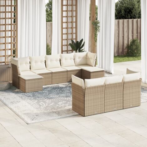 Ensemble Salon Jardin 10 Places Résine Tressée Beige avec Coussins - Mobilier Extérieur Modulaire (1/3)