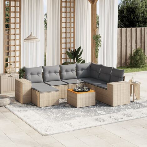Salon de Jardin 8 Places en Résine Tressée Beige avec Coussins Gris - Ensemble Modulaire avec Table Acacia (1/5)