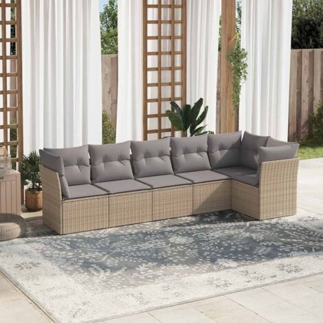 Ensemble Salon Jardin 6 Places Résine Tressée Beige avec Coussins Gris Modulaire (1/3)